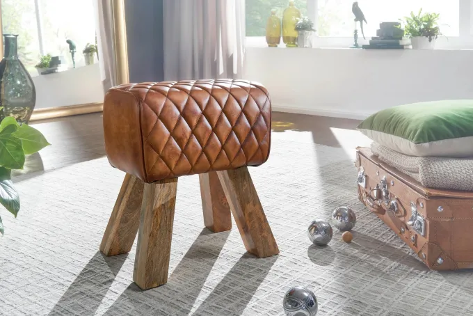 FineBuy Sitzhocker Echtleder 40x48x27 cm Fußhocker Lederhocker Massivholz Braun