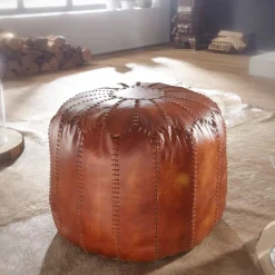 FineBuy Sitzhocker Echtleder 52x40x52cm Pouf Polsterhocker Rund Hocker Orient