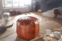 FineBuy Sitzhocker Echtleder 52x40x52cm Pouf Polsterhocker Rund Hocker Orient