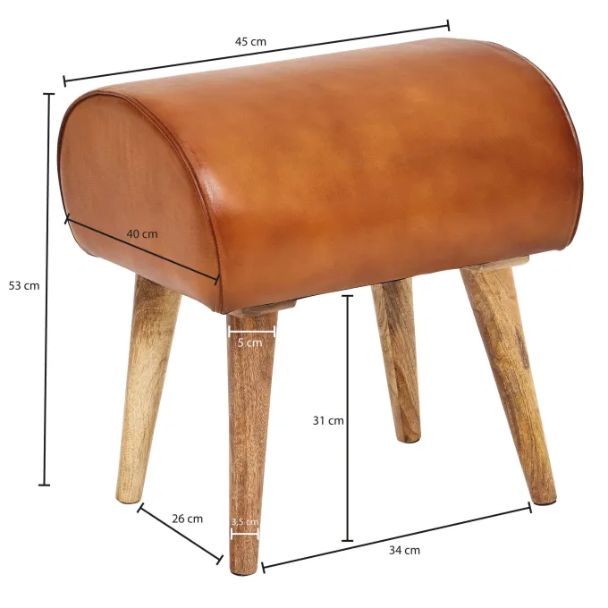 FineBuy Sitzhocker 45x53x40 cm Braun Echtleder Holzhocker Massiv Lederhocker