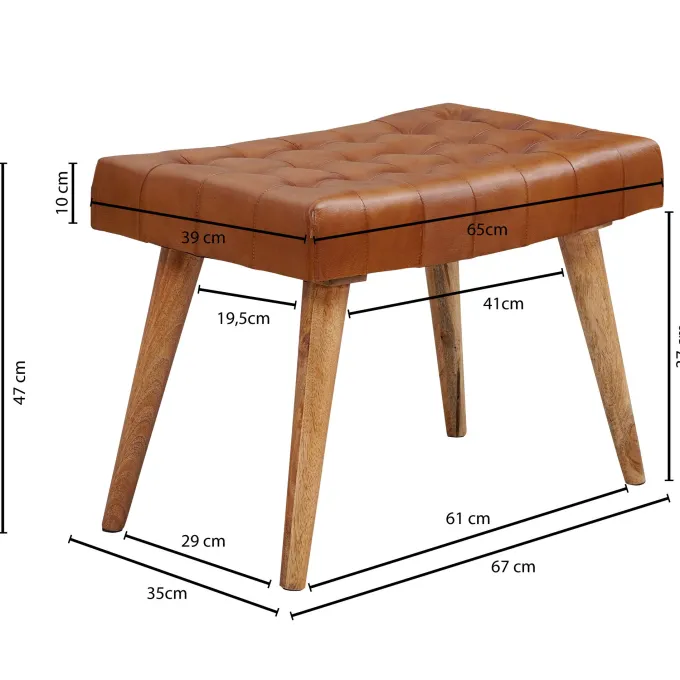FineBuy Sitzhocker 67x47x39 cm Massivholz Lederhocker Fußhocker Leder Hocker