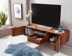 FineBuy TV Lowboard Holz Fernsehkommode Massiv Landhaus Fernsehschrank TV Bank
