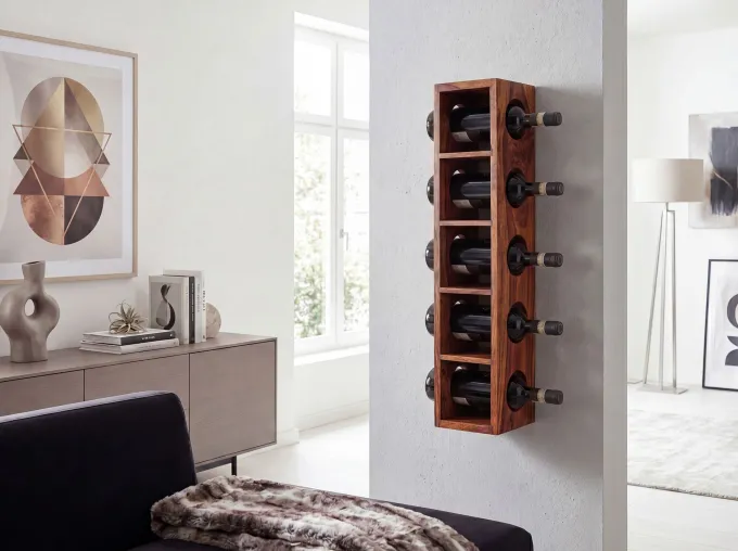 FineBuy Weinregal Massiv-Holz Regal Wandmontage für 5 Flaschen 70 cm Holzregal