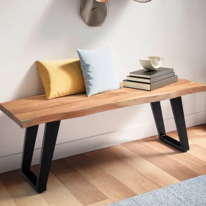 Garderobenbank FineBuy Sitzbank Akazie Massivholz 120 cm Baumkante Flurbank