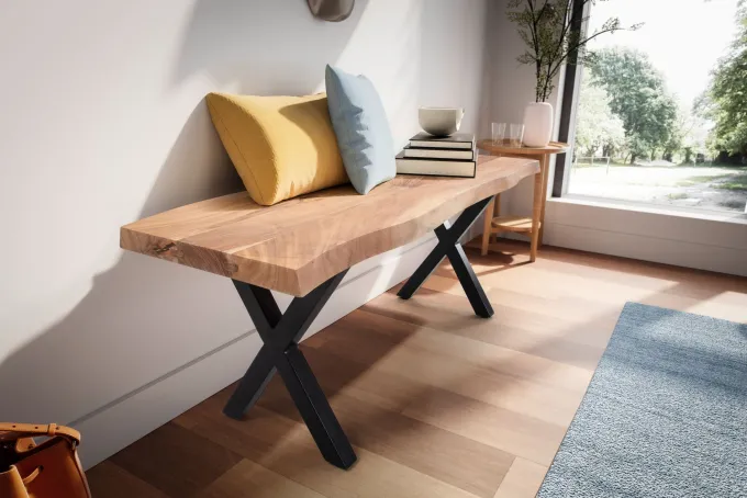Garderobenbank FineBuy Sitzbank Akazie Massivholz 120 cm Baumkante Flurbank