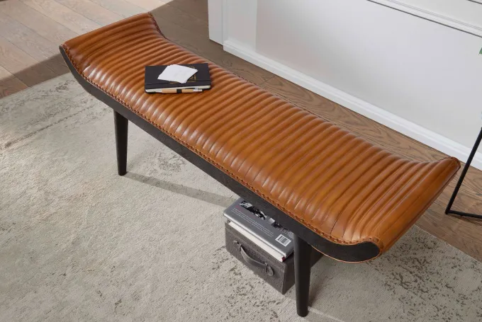 Gepolsterte Sitzbank 125cm Echtleder Braun Retro Polsterbank Garderobenbank Bank