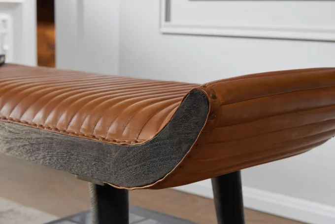 Gepolsterte Sitzbank 125cm Echtleder Braun Retro Polsterbank Garderobenbank Bank