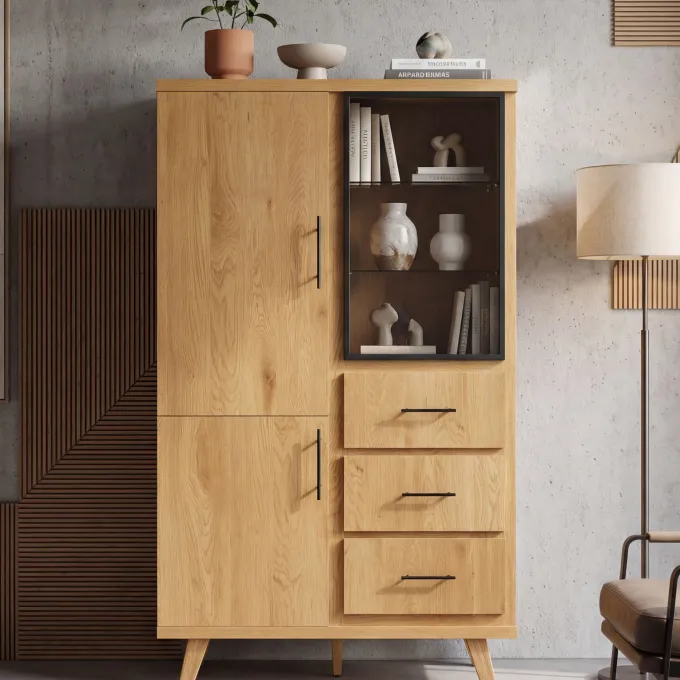 Hochschrank 188cm Eiche Dekor Standschrank mit Türen Schubladen Mehrzweckschrank