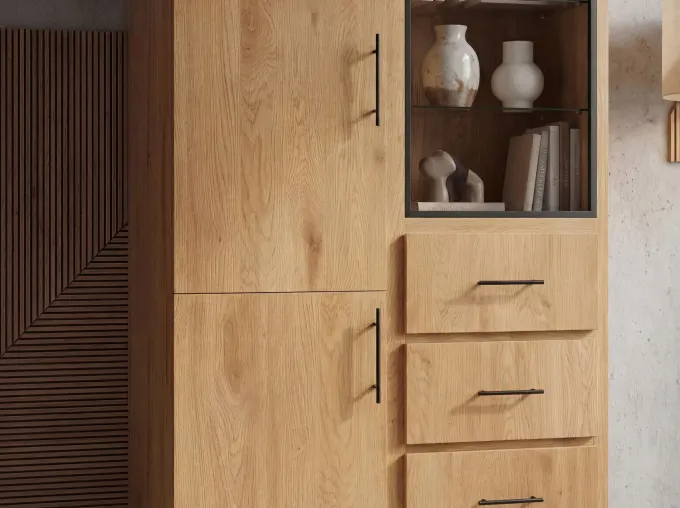 Hochschrank 188cm Eiche Dekor Standschrank mit Türen Schubladen Mehrzweckschrank