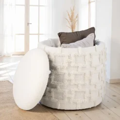Hocker FineBuy Sitzhocker mit Stauraum Stoff Creme Ottoman Rund 40 cm Modern
