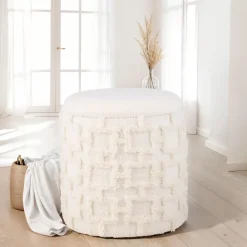 Hocker FineBuy Sitzhocker mit Stauraum Stoff Creme Ottoman Rund 40 cm Modern