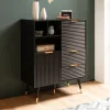 Kommode 77 cm in MDF Eiche Schwarz Dekor mit 2 Schubladen / 2 Türen und Ablage Design Sideboard Schrank
