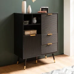 Kommode 77 cm in MDF Eiche Schwarz Dekor mit 2 Schubladen / 2 Türen und Ablage Design Sideboard Schrank