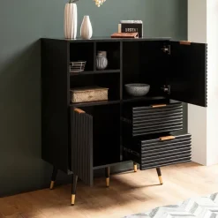 Kommode 77 cm in MDF Eiche Schwarz Dekor mit 2 Schubladen / 2 Türen und Ablage Design Sideboard Schrank