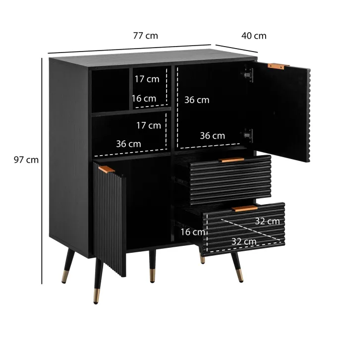 Kommode 77 cm in MDF Eiche Schwarz Dekor mit 2 Schubladen / 2 Türen und Ablage Design Sideboard Schrank