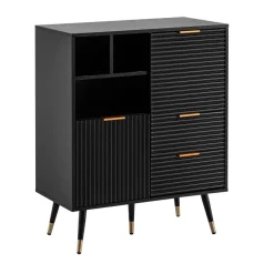 Kommode 77 cm in MDF Eiche Schwarz Dekor mit 2 Schubladen / 2 Türen und Ablage Design Sideboard Schrank
