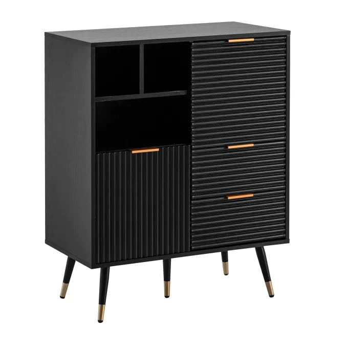 Kommode 77 cm in MDF Eiche Schwarz Dekor mit 2 Schubladen / 2 Türen und Ablage Design Sideboard Schrank