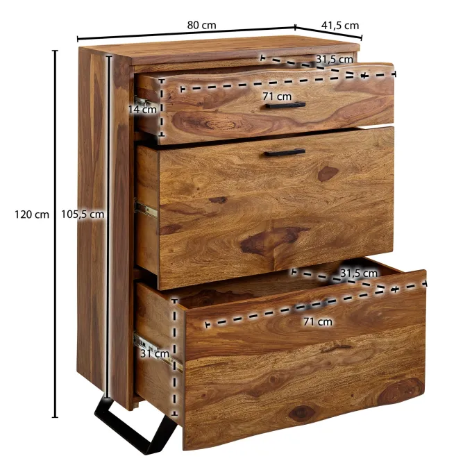Kommode FineBuy 120 cm Massivholz Baumkante Highboard Anrichte Schubladenkommode