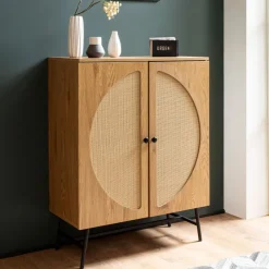 Kommode in Eiche Dekor 80 cm Sideboard mit 2 Türen aus Wiener Rattan Geflecht Design Highboard