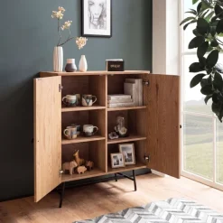 Kommode in Eiche Dekor 80 cm Sideboard mit 2 Türen aus Wiener Rattan Geflecht Design Highboard