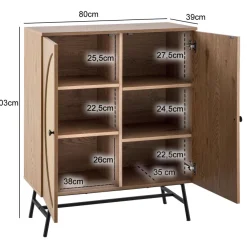 Kommode in Eiche Dekor 80 cm Sideboard mit 2 Türen aus Wiener Rattan Geflecht Design Highboard