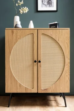 Kommode in Eiche Dekor 80 cm Sideboard mit 2 Türen aus Wiener Rattan Geflecht Design Highboard