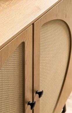 Kommode in Eiche Dekor 80 cm Sideboard mit 2 Türen aus Wiener Rattan Geflecht Design Highboard