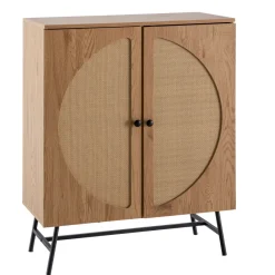 Kommode in Eiche Dekor 80 cm Sideboard mit 2 Türen aus Wiener Rattan Geflecht Design Highboard