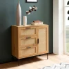 Kommode in Eiche Dekor 80 cm Sideboard mit 3 Schubladen & 1 Tür aus Wiener Rattan Geflecht Design Highboard - Schubladenkommode