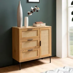 Kommode in Eiche Dekor 80 cm Sideboard mit 3 Schubladen & 1 Tür aus Wiener Rattan Geflecht Design Highboard - Schubladenkommode