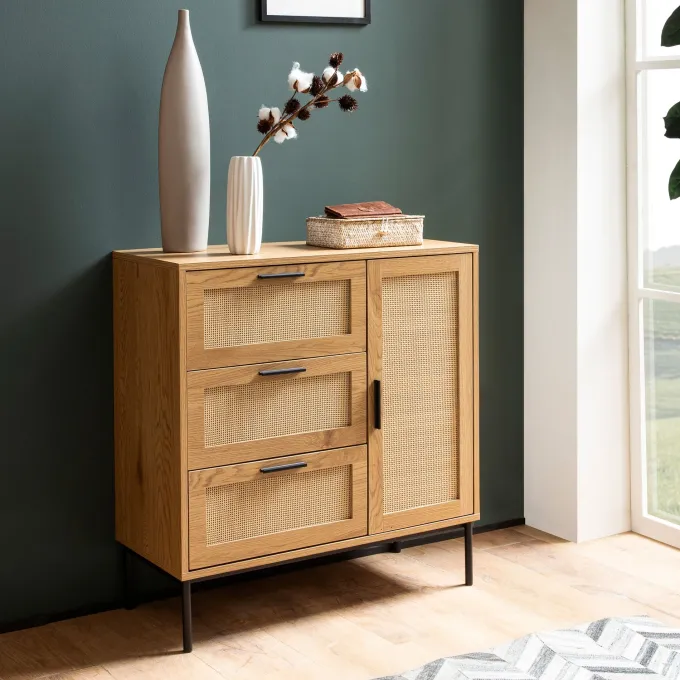 Kommode in Eiche Dekor 80 cm Sideboard mit 3 Schubladen & 1 Tür aus Wiener Rattan Geflecht Design Highboard - Schubladenkommode