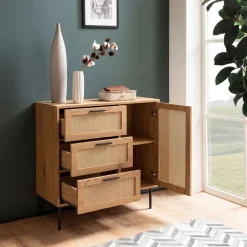 Kommode in Eiche Dekor 80 cm Sideboard mit 3 Schubladen & 1 Tür aus Wiener Rattan Geflecht Design Highboard - Schubladenkommode