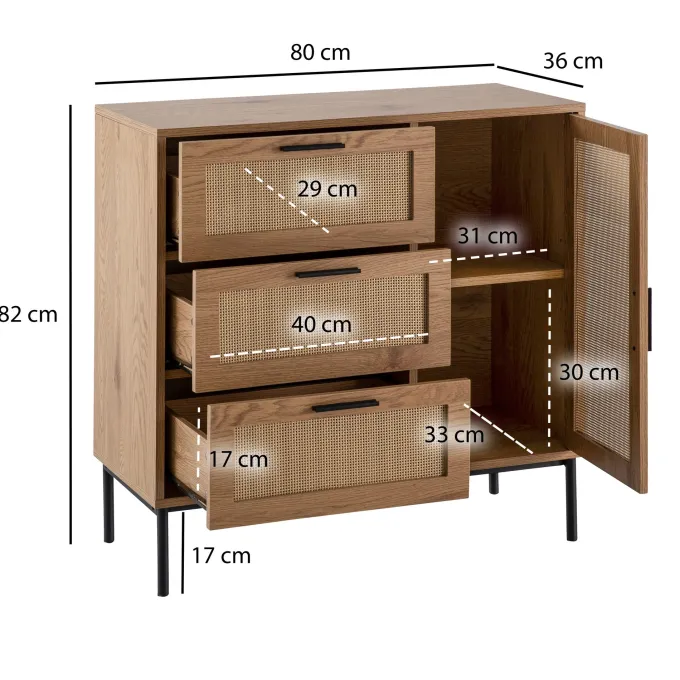 Kommode in Eiche Dekor 80 cm Sideboard mit 3 Schubladen & 1 Tür aus Wiener Rattan Geflecht Design Highboard - Schubladenkommode