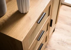 Kommode in Eiche Dekor 80 cm Sideboard mit 3 Schubladen & 1 Tür aus Wiener Rattan Geflecht Design Highboard - Schubladenkommode