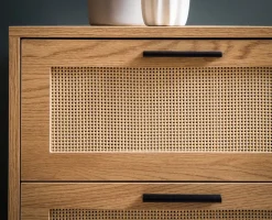 Kommode in Eiche Dekor 80 cm Sideboard mit 3 Schubladen & 1 Tür aus Wiener Rattan Geflecht Design Highboard - Schubladenkommode