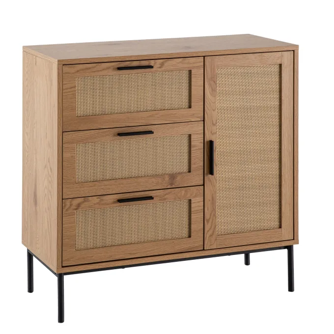 Kommode in Eiche Dekor 80 cm Sideboard mit 3 Schubladen & 1 Tür aus Wiener Rattan Geflecht Design Highboard - Schubladenkommode