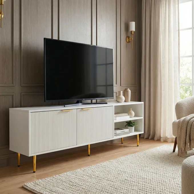 Lowboard 150cm TV Kommode Schrank Weiß Türen Fernsehkommode Fernsehunterschrank