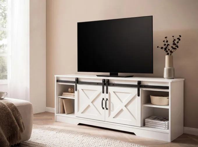 Lowboard FineBuy Fernsehkommode 150 cm TV Schrank Fernsehschrank Weiß Landhaus