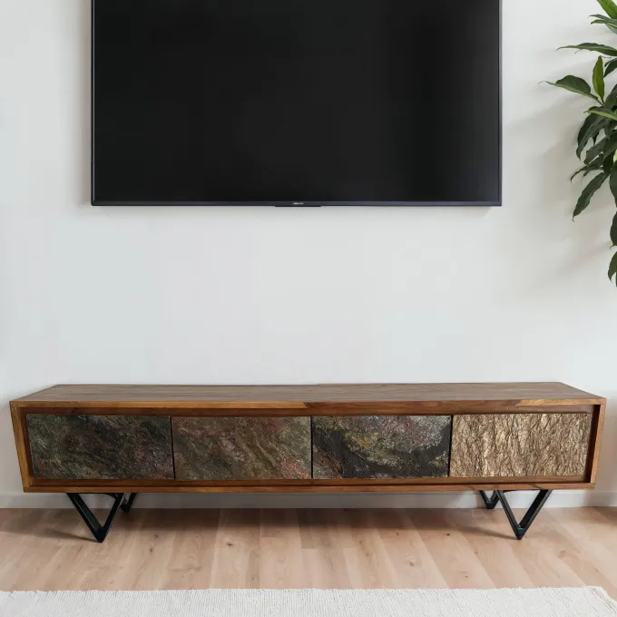Lowboard FineBuy Sheesham Massivholz 160 cm TV Board Stein Optik Industrial