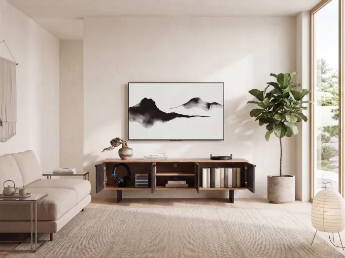 Lowboard FineBuy TV Board Akazie Massivholz 150 cm mit Steinoptik Fronten Groß