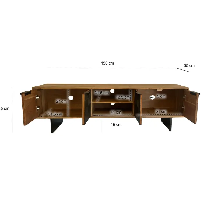 Lowboard FineBuy TV Board Akazie Massivholz 150 cm mit Steinoptik Fronten Groß