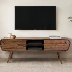 Lowboard FineBuy TV Board Sheesham Massivholz 160 cm Retro Schubladen Fächer