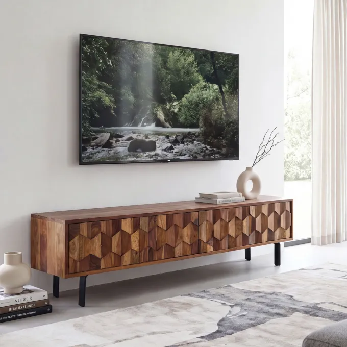 Lowboard FineBuy TV Board Sheesham Massivholz 160 cm 3D Fronten & Metallbeine