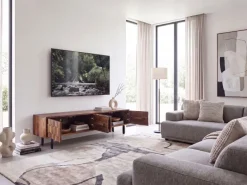 Lowboard FineBuy TV Board Sheesham Massivholz 160 cm 3D Fronten & Metallbeine