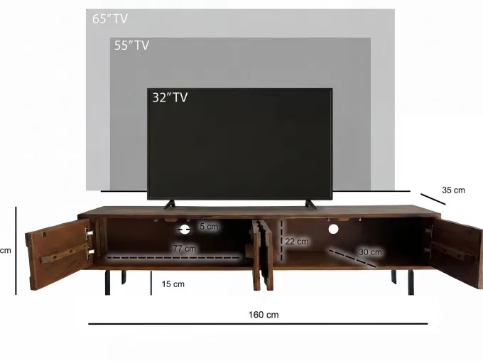 Lowboard FineBuy TV Board Sheesham Massivholz 160 cm 3D Fronten & Metallbeine