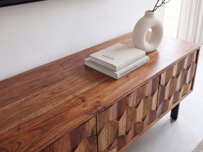 Lowboard FineBuy TV Board Sheesham Massivholz 160 cm 3D Fronten & Metallbeine