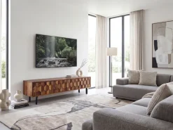 Lowboard FineBuy TV Board Sheesham Massivholz 160 cm 3D Fronten & Metallbeine