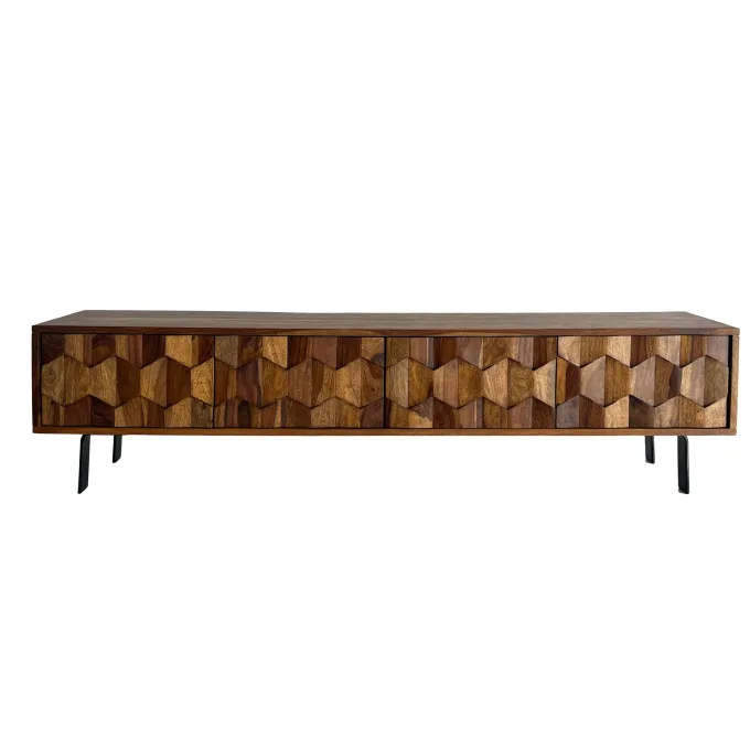 Lowboard FineBuy TV Board Sheesham Massivholz 160 cm 3D Fronten & Metallbeine