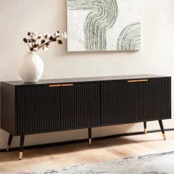 Lowboard FineBuy TV Schrank 150 cm Schwarz Türen Fernsehkommode Eiche Modern