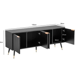 Lowboard FineBuy TV Schrank 150 cm Schwarz Türen Fernsehkommode Eiche Modern